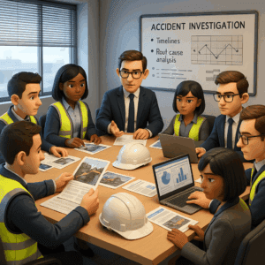 A 3d image showing a group of professionals conducting accident investigation